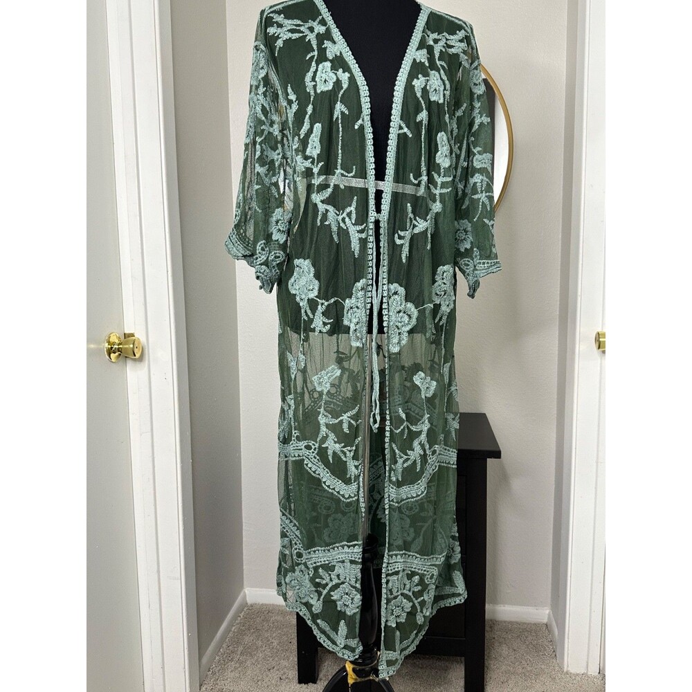 Francesca's Mi Ami Long Lace Duster Cover-Up Womens XL Sage Green Floral NWT